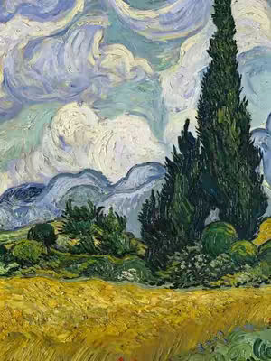The cover image is a reproduction of Vincent van Gogh's painting 'A Wheatfield with Cypresses.' The painting depicts a landscape dominated by a field of golden wheat in the foreground. Green bushes and trees form a midground beneath rolling hills and a deep blue sky filled with swirling, brushstroke-like clouds. A tall, slender cypress tree stands prominently on the right side, its dark green form contrasting with the sky and wheatfield. The colors are vibrant and the brushstrokes are visible.