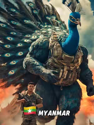 An AI-generated image featuring a creature that is a hybrid of a peacock and a muscular humanoid figure, wearing tactical gear. The image has a vibrant color palette with blues, greens, and reds, with a man in military attire and a flag of Myanmar. The composition includes the text "MYANMAR".