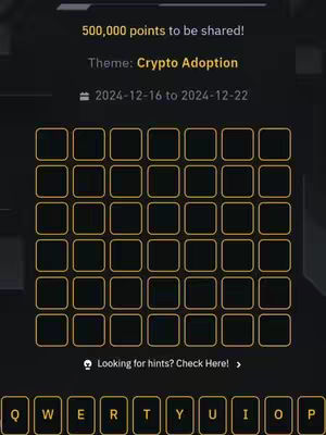 The cover image is a screenshot of a word puzzle game, likely Binance WOTD (Word of the Day). The background is dark with a gradient, and the central focus is the grid of empty squares for the puzzle. The words and elements are in a golden color. At the top, it says "500,000 points to be shared!" and theme "Crypto Adoption". The date is displayed below "2024-12-16 to 2024-12-22". The keys are at the bottom of the image.