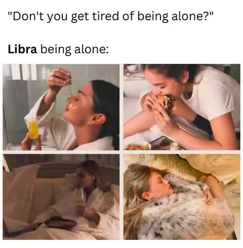 The cover image is a meme, a 2x2 grid of four photos. The top left shows a woman in a white robe putting something on her face, with an orange bottle. The top right shows a woman in a white t-shirt eating a burger in bed. The bottom left image shows a woman sitting on a couch drinking. The bottom right image shows a woman bundled in warm fur.