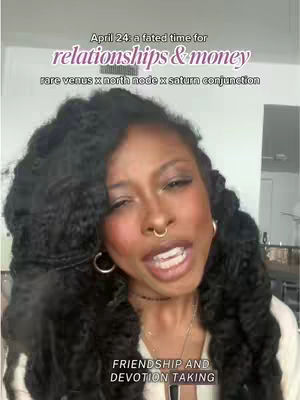 A woman with long, dark curly hair looks at the camera, with text overlayed in white and pink. She has a nose ring and hoop earrings.