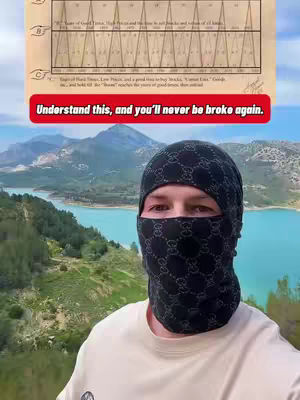 A selfie taken with a background of mountains, a lake, and green fields. The main subject is a person wearing a black Gucci balaclava, covering their head and face. They are wearing a white t-shirt. The hook text is displayed in a red box.
