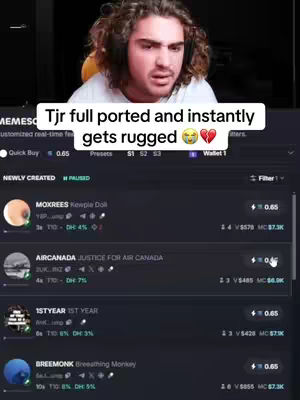 A man with curly hair and headphones is on a video call, with a screen behind him. A text overlay reads, "Tjr full ported and instantly gets rugged" with a face and broken heart emoji. A secondary screen shows listings of memecoins.