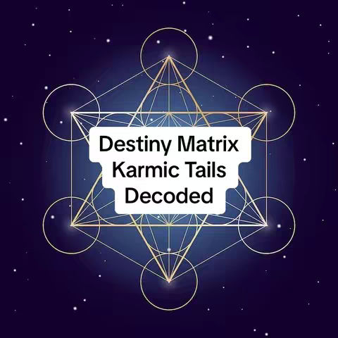 The image features a dark navy blue background sprinkled with small white stars, creating a celestial effect. Overlaid on this background is a gold geometric design resembling the Flower of Life, with interconnected circles and straight lines forming triangles and other symmetrical shapes. At the center, a white rectangular box contains the text "Destiny Matrix Karmic Tails Decoded" in a bold, sans-serif font. The overall impression is esoteric and spiritual.