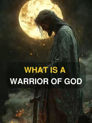 The image features a depiction of Jesus with long hair and a crown of thorns, looking downward pensively. Behind him is a large, glowing sun. The overlaying text reads, \"WHAT IS A WARRIOR OF GOD\" in bold, capital letters, highlighting the video's theme of faith and spirituality.