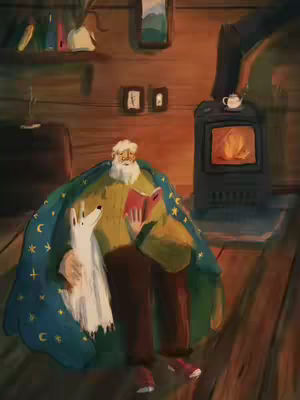 A cozy, illustrated scene of an elderly man with a white beard and a dog sitting inside a wooden cabin. The man is wrapped in a blanket decorated with stars and moons and is reading a book. The dog is white or cream-colored and cuddled up next to him. A fireplace is visible in the background, with a warm glow emanating from within. The color palette is warm, with browns, yellows, and blues creating a peaceful atmosphere.