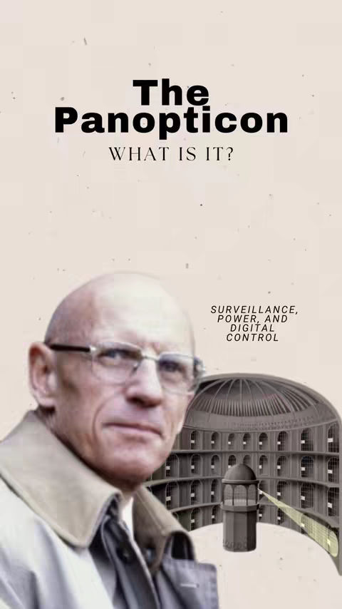 The cover image is a vertical graphic featuring a portrait of a man in the foreground, and a representation of a Panopticon structure in the background. The man, who appears to be in his senior years, is positioned on the left side of the frame. The background consists of a light, slightly textured off-white color with the text of the hook overlayed on top. To the right, a drawing of the Panopticon, a circular prison design with cells facing a central watchtower. Below the Panopticon is the text: Surveillance, Power, and Digital Control.