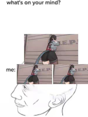 A meme-style image. At the top, framed text asks 'what's on your mind?'. Below, an anime character's rear view is present in three iterations, with the text 'me:' above the left-most image. Finally, a simplified drawn head is below, displaying concern or intensity.