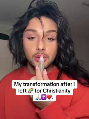 A person with long dark curly hair, full makeup, and a red top holds a clear lip gloss tube to their lips. Text overlays the image in the bottom center.