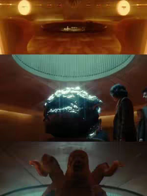 The image is a split screen of three scenes from a film. The top pane shows a brightly lit, circular room with a curved ceiling and a blurry, dark object in the center. The middle pane reveals a similar circular room, now illuminated with a blue-green hue, featuring a large, dark, glowing object. A person is standing to the right, looking at the object. The bottom pane shows what appears to be a monstrous creature with several tentacles against a similarly lit background. These scenes suggest a science fiction or horror film with an emphasis on unusual visuals and otherworldly themes.