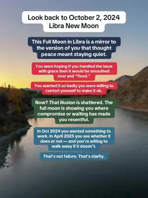 An image of a landscape featuring a river, mountains and a sunrise or sunset. Overlayed on top are colored text boxes with short phrases about a full moon.