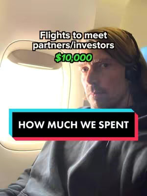 A man sits in an airplane window seat, looking towards the camera. The foreground features a black and blue rectangular text overlay that reads "HOW MUCH WE SPENT". Above the man, a smaller white rectangular text overlay reads "Flights to meet partners/investors" with the cost "$10,000" beneath