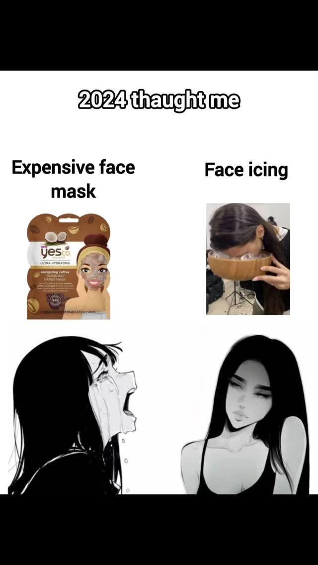 The cover image is a meme-style graphic with a white background and black text and imagery. The text overlay reads "2024 taught me." Below this, there are two columns with phrases: "Expensive face mask" and "Face icing." The first column has an image of a face mask product and below, a manga-style crying face. The second column has an image of a person with their face in a bowl of ice and a manga-style sad face.