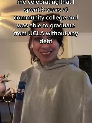 The cover image shows a smiling young woman in a light gray hoodie. Text overlays appear at the top, describing her experience with community college and UCLA. The background is a soft-focus interior.