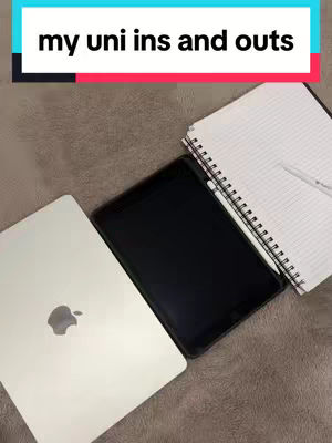The cover image shows a collection of school-related items on a grey surface. There's a silver laptop on the left, a black tablet in the center, and a spiral notebook with a pen on the right. A text overlay at the top indicates the video's theme.