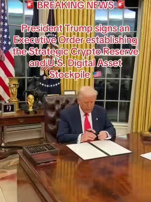 The cover image shows a video of Donald Trump sitting at a desk and signing documents. Text is overlaid at the top. The background includes an American flag, curtains, and a window.