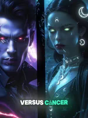 The image is split vertically. On the left, a character with slicked-back dark hair, a black outfit, and red eyes, is positioned against a purple background. On the right, there's a character with long, dark hair and pale skin, adorned with moon-shaped elements and a necklace, set against a teal background. Text reads 'VERSUS CANCER' below.