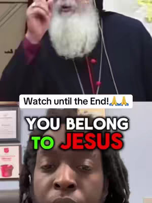 The image is a split view. The top half shows the upper body of a man in religious attire, gesturing with his right hand. The bottom half features a close-up of a person's face with text overlaid.