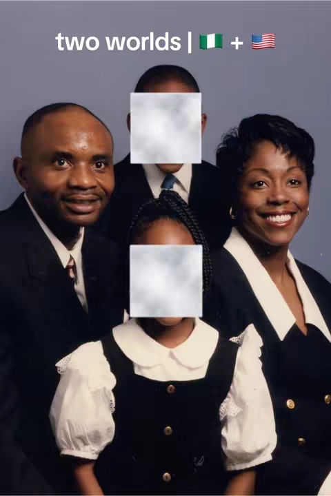 A family portrait-style photo featuring four people, presumably family. The photo is taken from the chest up, with the subjects centered and slightly angled towards the camera. The color palette is muted, with a slightly vintage feel. The background appears to be a plain light gray or beige color. The man on the left side is smiling, and is wearing a dark suit, with a white shirt and patterned red tie. The woman on the right appears to be smiling as well, wearing a dark clothing with white accents. Both have a squared off shape covering their faces. Between them, there are a blurred out image of the two other people. In the upper center there is a person, covered by a squared off shape, who is wearing a black suits.