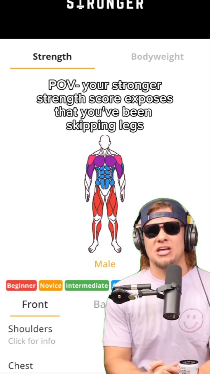 The cover image displays the creator, a man with sunglasses and a microphone, overlaid on a screenshot of an app's strength score analysis. The app graphic features a diagram of a male figure with muscles highlighted, along with the app name, and text labels on the side.