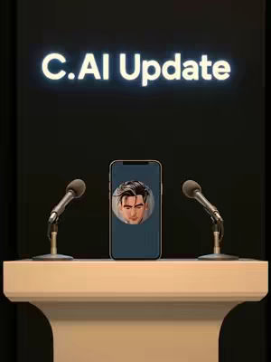 The image shows a presentation-style setup. A smartphone displaying a stylized male face is placed on a beige podium. Two microphones stand on either side. Behind the podium is a black backdrop with the text "C.AI Update" in white, glowing letters.
