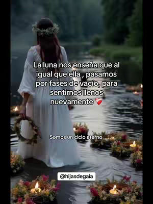 A woman in a long white dress and a floral crown stands in a stream, facing away from the camera. The water is filled with floating candles and floral arrangements. Text overlays are included and the overall tone is serene.