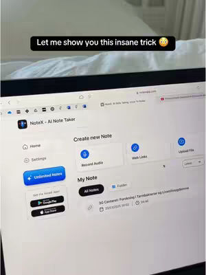 The image shows a laptop screen open, with text overlayed at the top. The screen displays the NoteX - AI Note Taker website interface, with options for recording audio, web links, and uploading files. A black banner at the top reads "Let me show you this insane trick" with a surprised face emoji.