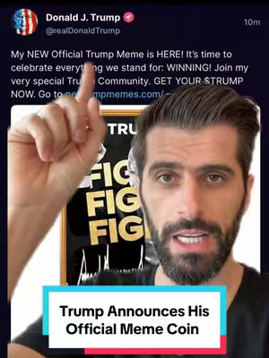 A man with a beard and short hair is speaking while pointing upwards with his right index finger. Behind him is a poster with the words "FIG FIG FIG" in gold lettering. The background includes text from Donald J. Trump's Twitter account and a lower banner with text.