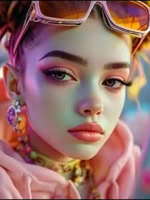 A vibrant, digitally styled portrait of a young woman with styled hair, sunglasses perched on her head, and bold makeup. The image uses a colorful, blended lighting scheme with pinks, purples, and blues, giving a surreal and stylized vibe.