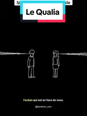 A minimalist animated image on a black background. Two stick figures, a man and a woman, face each other, with blurred lines extending from their heads suggesting thought or perception. The text overlay 'Le Qualia' is set in a colorful box, and additional text is at the bottom. The overall composition is simple yet thought-provoking.