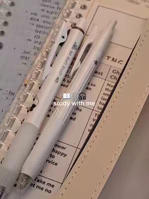 The image shows a close-up of a notebook and pens. Two white pens are diagonally across the image, positioned over a notebook page with handwritten content. The pen on the right has more of its tip showing, and the one in the left covers some of the text. A clear plastic sheet is also present. The background is blurred, making the pens and notebook the focal point of the image. The color palette is soft with neutral hues, creating a clean, organized aesthetic.