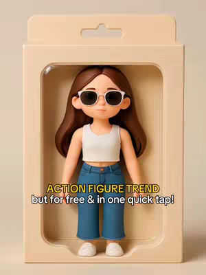 A cartoonish doll figure wearing sunglasses, a white crop top, and blue jeans is presented inside a beige box. The doll is centered, and the background is a gradient of beige.
