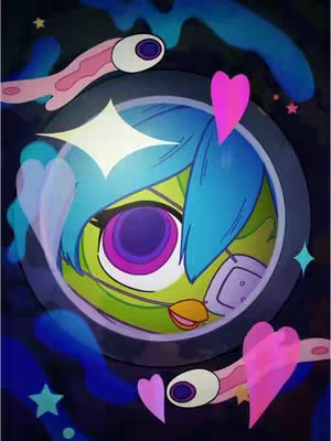 An illustrated artwork depicts a stylized character peering through a peephole. The character has a round, green face with blue hair and large purple and white eyes, appearing in the center of a dark circle framed by a metallic ring. Surrounding the ring are cartoon elements: an eye on a pink limb, and pink hearts. The background is dark and a mix of blue and black, with stars adding a sense of depth to the overall cartoon aesthetic.