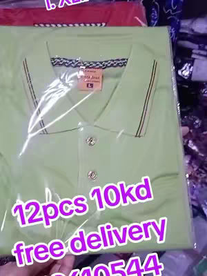 The cover image displays a new, light green polo shirt, neatly folded and sealed in a clear plastic bag. In the foreground, overlaid text in a vibrant purple color announces the details of a deal, with mentions of price and delivery.