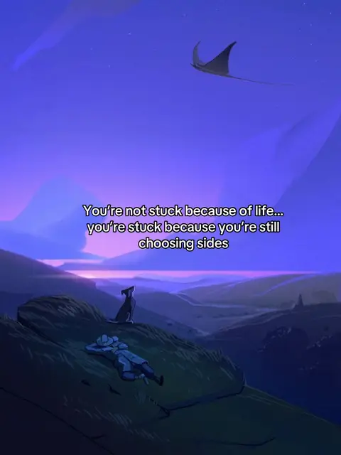 A digital art piece featuring a serene nighttime landscape. The scene is dominated by shades of purple and blue, with a dark mountain range in the background and a lighter expanse suggesting a sky filled with stars and a luminous manta ray-like form. In the foreground, a figure is lying on a grassy knoll with a dog nearby. Text overlays are present, providing a motivational message.