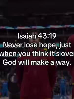 Person in a burgundy hoodie stands in front of a blurred background, text overlays with a bible verse about hope.