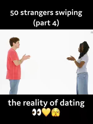 The image depicts a man and a woman standing facing each other with their hands up as if they are greeting or waving. Behind them is a plain white background. Above them is a black bar containing white text reading "50 strangers swiping (part 4)". Below them, there is more text reading "the reality of dating" with related emojis.