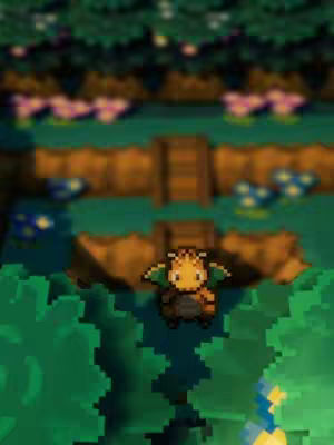 A pixelated image of a forest setting with a small, dragon-like creature in the foreground. The background is blurred, with hints of foliage and a pathway.