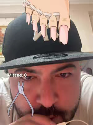 A man with a beard and a black cap is looking at the camera. A cartoon depiction of a foot with long, pink-painted nails is above his head. Additionally, an animated pair of nail clippers is in focus in front of him.