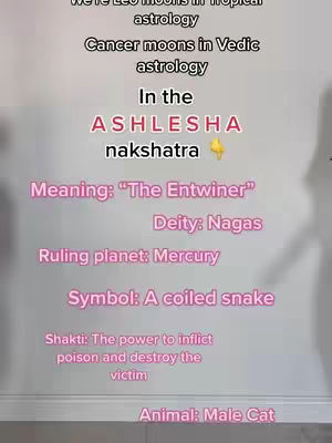 A white background displays text in different font styles and colors. The top of the image has text that appears to be a title. Beneath it is the word "ASHLESHA" in a large, pink font. The following text is displayed beneath "ASHLESHA": Meaning: "The Entwiner" , Deity: Nagas, Ruling planet: Mercury, Symbol: A coiled snake, Shakti: The power to inflict poison and destroy the victim, Animal: Male Cat.