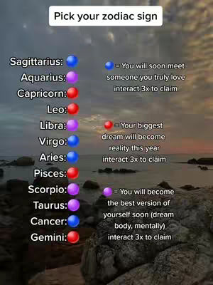 The cover image is a vertical composition featuring text and colored circles against a blurred background of a beach scene at dusk or dawn. In the upper section, a white rectangle with black font states "Pick your zodiac sign." Below this, a list of zodiac signs is presented in a column, each next to a colored circle: blue for Sagittarius, purple for Aquarius, red for Capricorn, red for Leo, purple for Libra, blue for Virgo, and so on. To the right of the list, there are statements that start with a dot, offering interaction based on the user's chosen sign.