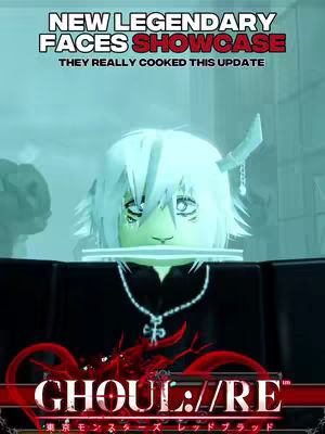 The cover image features a Roblox character with white anime-style hair and a black outfit. Text overlays announce a showcase of new legendary faces. The overall composition has a dark, digital aesthetic.