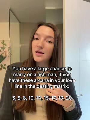 A woman with long brown hair, wearing a black jacket over a white top, stands in front of a light-colored wall. Text overlay describes the conditions for marrying rich with specific arcana numbers.