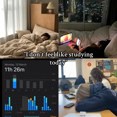 The image is a collage. The top left shows a person sleeping in bed, the top right shows a person in bed with a laptop at night, the bottom left shows a screenshot of a screen time app, and the bottom right shows students studying. The overlayed text reads "I don't feel like studying today".