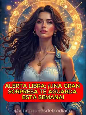 A digital illustration features a woman with long, flowing dark hair posing in front of a zodiac wheel illustration. She is wearing a jacket and a white top with a pendant necklace. A red banner at the bottom has white text.