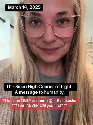 A woman with blonde hair and glasses is centered in the frame, looking towards the camera with a gentle smile. The background is blurred, and text overlays provide additional information.