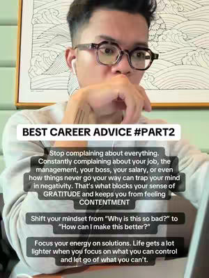 A man wearing glasses and an earpiece sits indoors, with text overlays providing career advice.