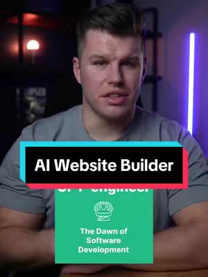 A man in a grey shirt is centered in the frame, speaking directly to the viewer. A black and red rectangle overlay at the bottom of the image reads "AI Website Builder", with a teal square below it containing an AI-themed logo and the text "The Dawn of Software Development". The background features a blurred setting with hints of purple and orange lighting, lending a modern, tech-focused feel.