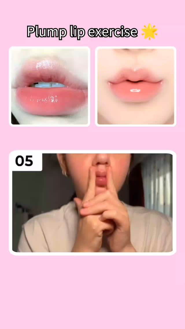 A colorful cover image for a beauty tutorial. It has a pink background. The top section has two images of two lips, one of which is done with high gloss and the other has a natural tone. The lower section has a woman's face, touching her lips indicating how to exercise it.