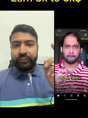 The cover image is split into two main sections. On the left, a man with a dark beard is shown in a close-up shot, looking towards the camera with a neutral expression. He's wearing a blue polo shirt with a green and yellow stripe near the bottom. The background behind him is a plain, light-colored wall. On the right, a screen displays a user interface, possibly a social media app. Within the screen, another man is present, shown in a similar close-up. He wears a red and white striped shirt, seemingly talking or presenting. In the upper portion of the screen, some text is visible, and the frame of the app interface is visible, complete with icons at the bottom. Large black background.